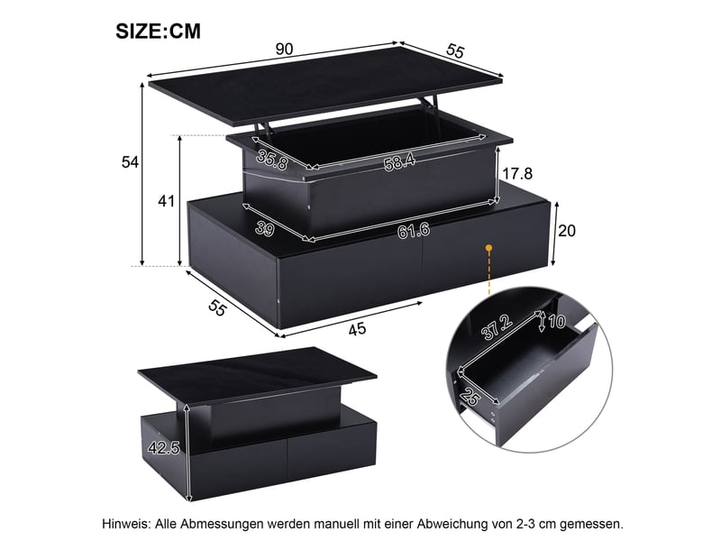  Table basse led avec 4 tiroirs, rangement caché et plateau relevable pour salon, 90 × 55 × 41 cm  - Conforama D