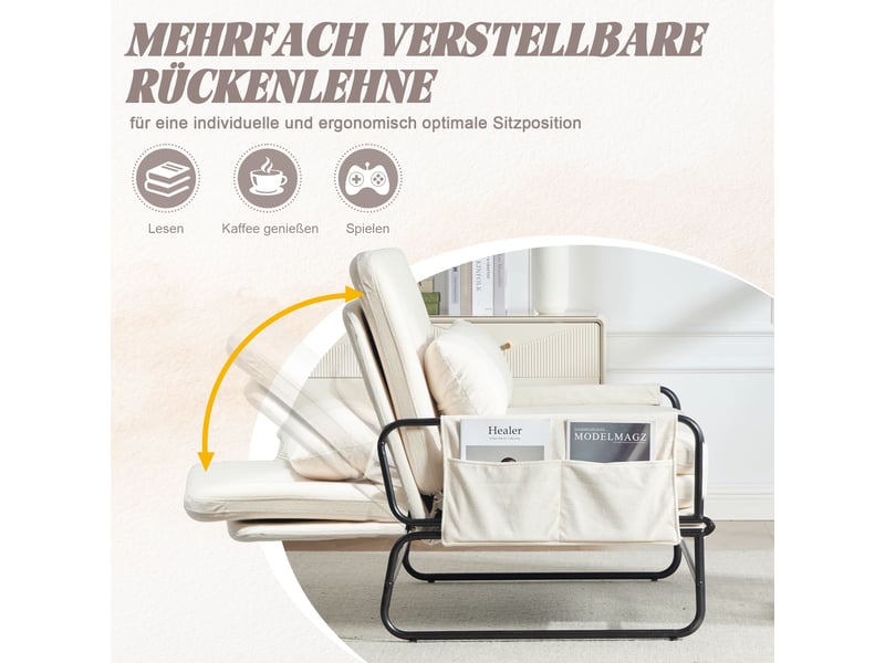  Canapé-lit 2 places 104 cm convertible, cadre en métal, tissu chenille, poches latérales, assise en mousse haute densité, beige  - Conforama E