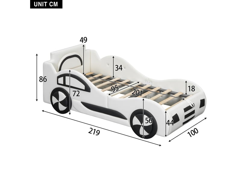  Lit voiture avec rangement 90 × 200 cm, pu et mdf, sommier relevable hydraulique, sans matelas, blanc et gris, 219 cm  - Conforama C