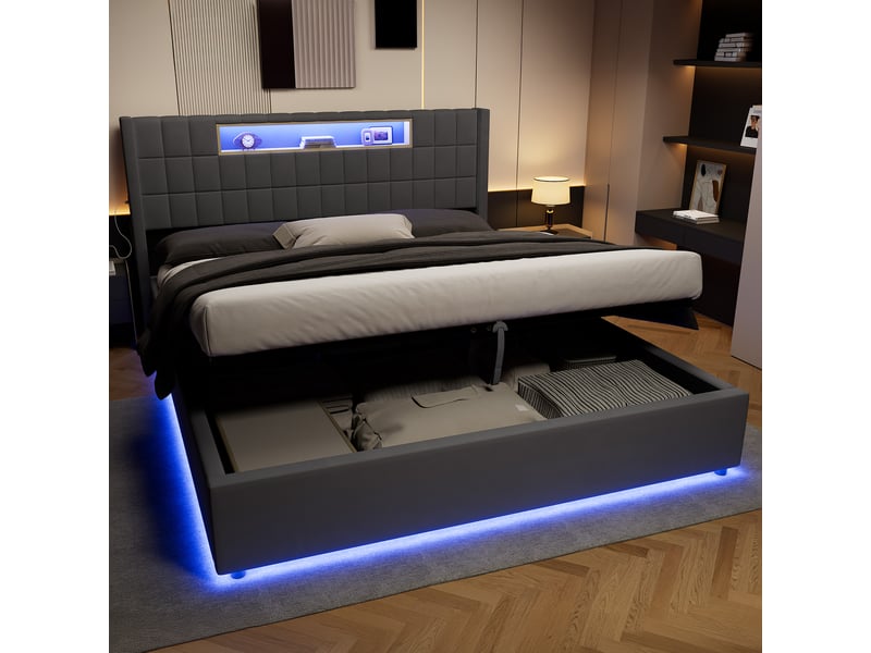  Cadre de lit 180x200 cm en velours avec rangement hydraulique, led et station de recharge gris foncégris chicfurn  - Conforama E