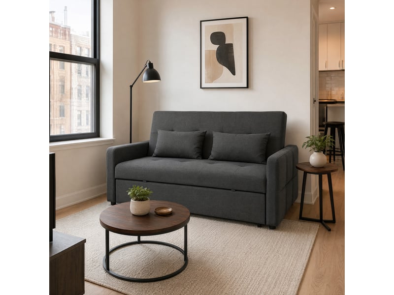  Canapé convertible 2 places 3 en 1, canapé-lit clic clac 160 cm, dossier réglable, 2 oreillers, assise large, gris foncé  - Conforama E