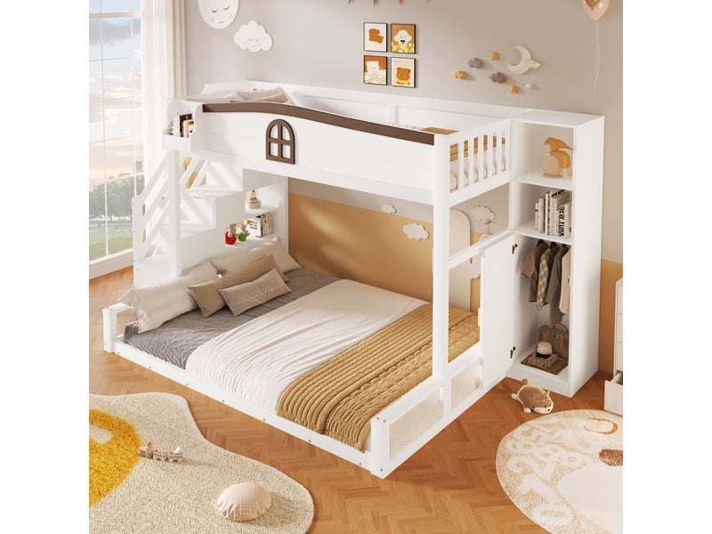  Lit superposé 90x200 et 140x200 cm - escalier avec rangements - armoire intégrée - fenêtre décorative - pin et mdf - blanc CozyNest - Conforama E