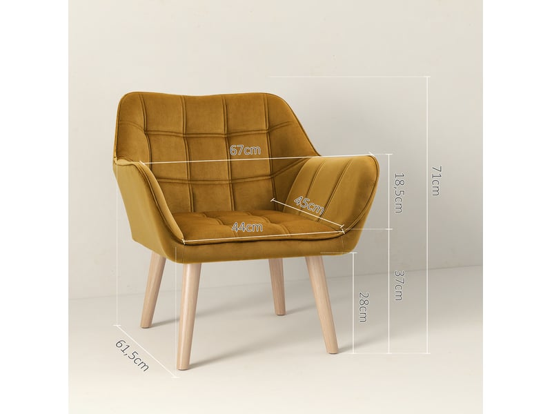  Fauteuil 1 place avec accoudoirs et pieds surélevés, style scandinave en tissu polyester aspect velours jaune  - Conforama C