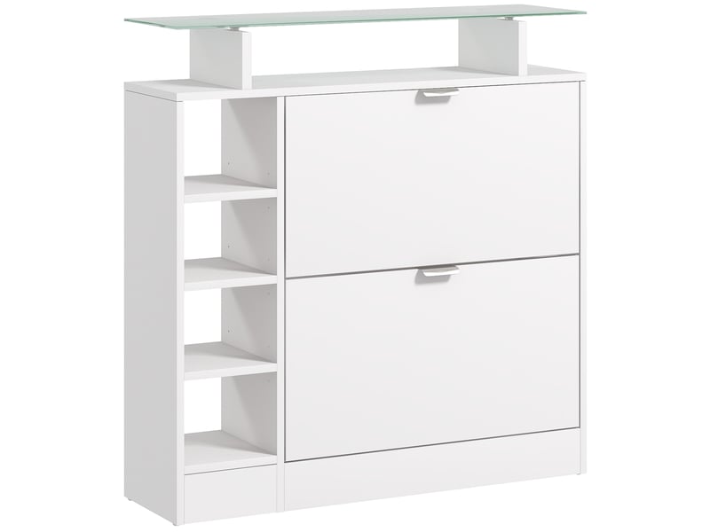  Meuble à chaussures avec tiroirs abattants, étagères réglables et étagères ouvertes pour 12 paires de chaussures, 89 x 25 x 92 cm, blanc  - Conforama A