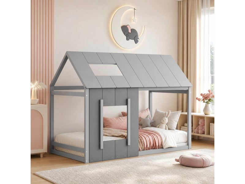 Lit cabane tcqpz 90 x 200 cm avec toit et fenêtre gris pin et mdf - Conforama B