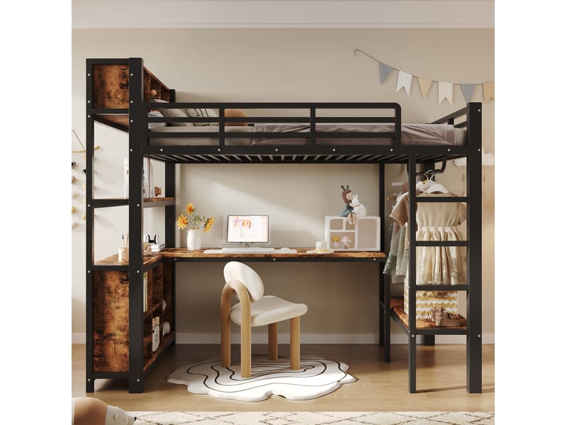  Lit mezzanine 90x200 cm avec bureau et rangements en mdf et métal noir  - Conforama D
