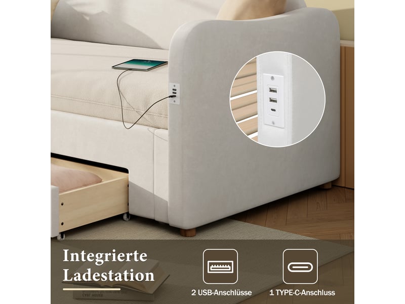  Lit plateforme 90x200 cm convertible en 180 cm, 2 tiroirs, prise usb, velours beige  - Conforama E