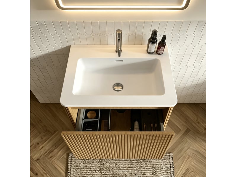 Meuble de salle de bains suspendu 60 cm – chêne clair – 1 tiroir, vasque et miroir led 60x80 cm - Conforama E