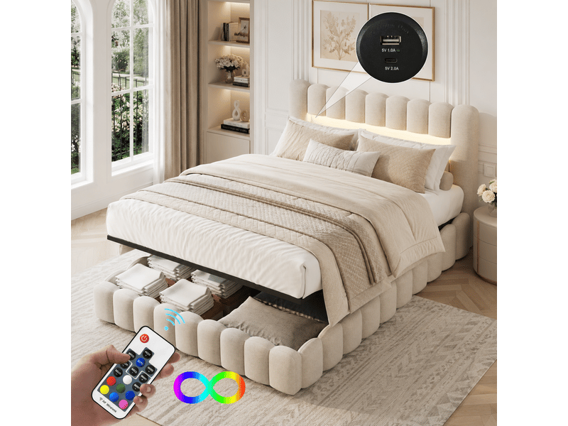  Lit coffre 160x200cm avec rangement et sommier à lattes -  lit bubble 2 personnes - cadre de lit - lit rembourré lit double hydraulique avec éclairage led port usb rangement et sommier à latte - tissu en lin - chambre adulteado …  - Conforama C