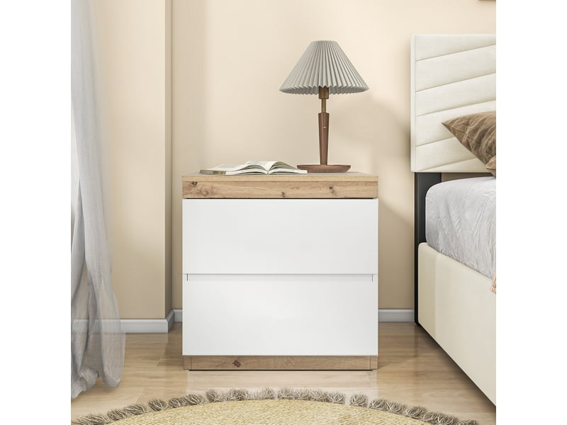  Table de chevet,55x40x55 cm,2 tiroirs,panneau de particules,blanc et chêne  - Conforama B