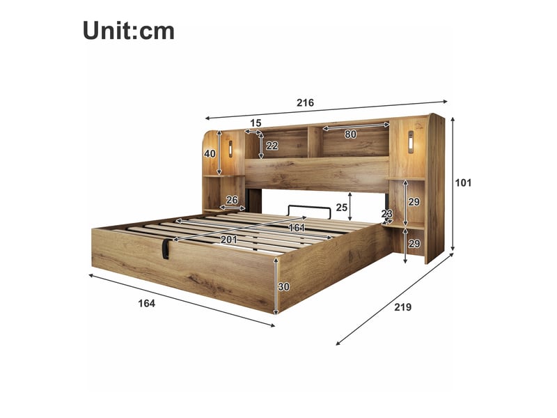  Lit coffre 160x200 cm avec rangement hydraulique, lit double avec étagères de tête de lit, lampes tactiles, usb-ausb-c et sommier, effet chêne Seren Glow - Conforama C