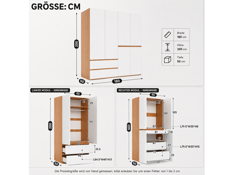 Armoire 6 portes blanche et bois clair, 2 penderies, 5 tiroirs, 180 x 50 x 200 cm pour votre rangement - Conforama C