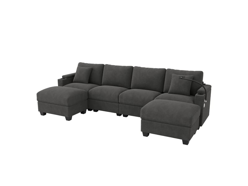  Canapé modulable u, canapé grand salon, 275,5x139x87 cm, 6 personnes, velours côtelé, structure bois massif et métal, équipé de port usb, support téléphone, porte-gobelet, coffre de rangement, housses déhoussables, gris  - Conforama A