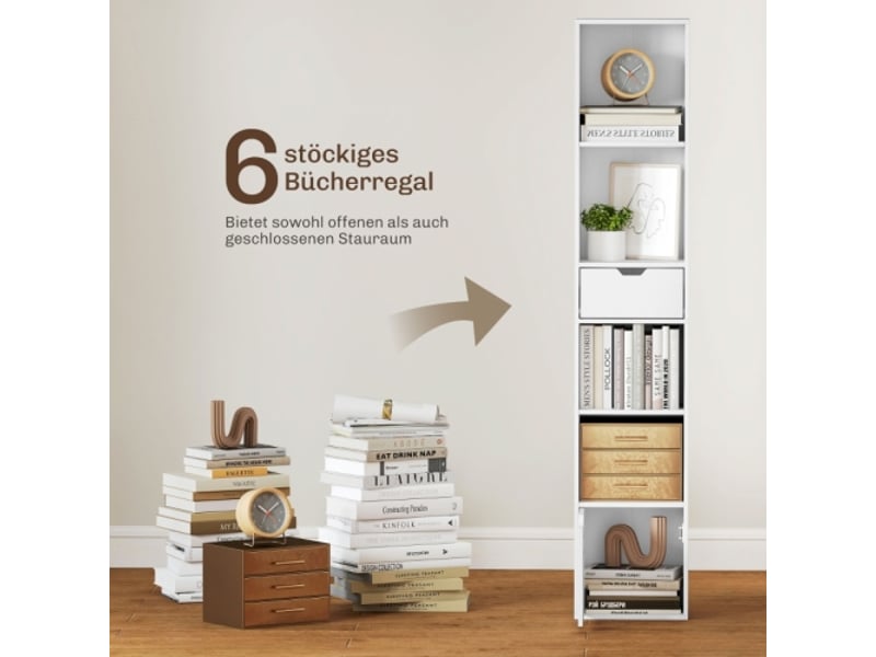  Bibliothèque blanche 6 niveaux, étagères réglables, tiroir et porte, rangement personnalisable  - Conforama D