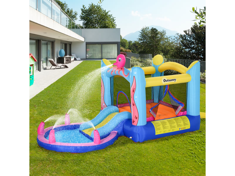  Château gonflable autogonflant comprenant un gonfleur, des patchs, 1 trampoline, 1 bassin d'eau, 1 toboggan, 360 x 175 x 180 cm  - Conforama C