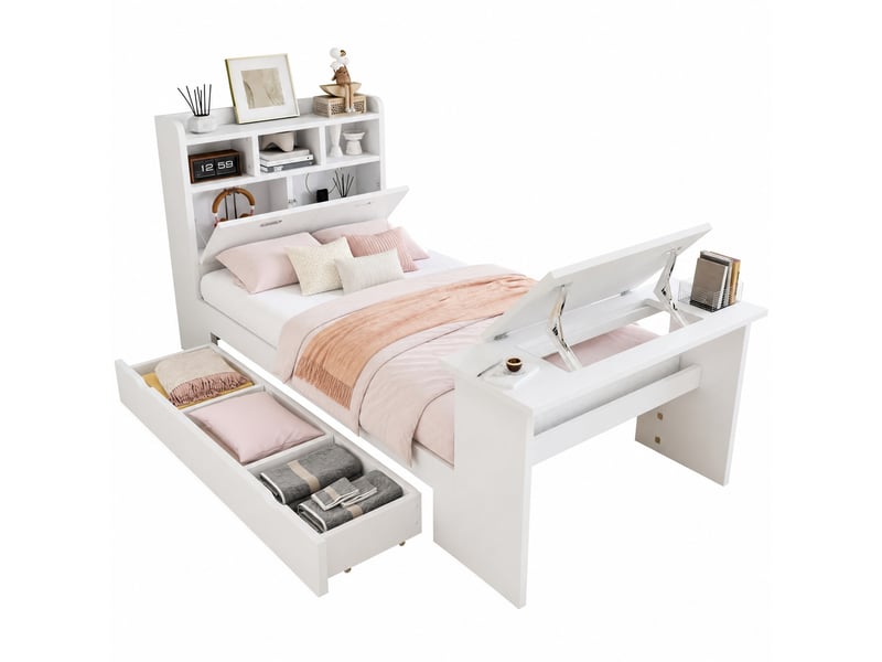  Lit simple enfant 90x200 cm – blanc – tiroir réversible et table pliante 12 positions – sans matelas  - Conforama A