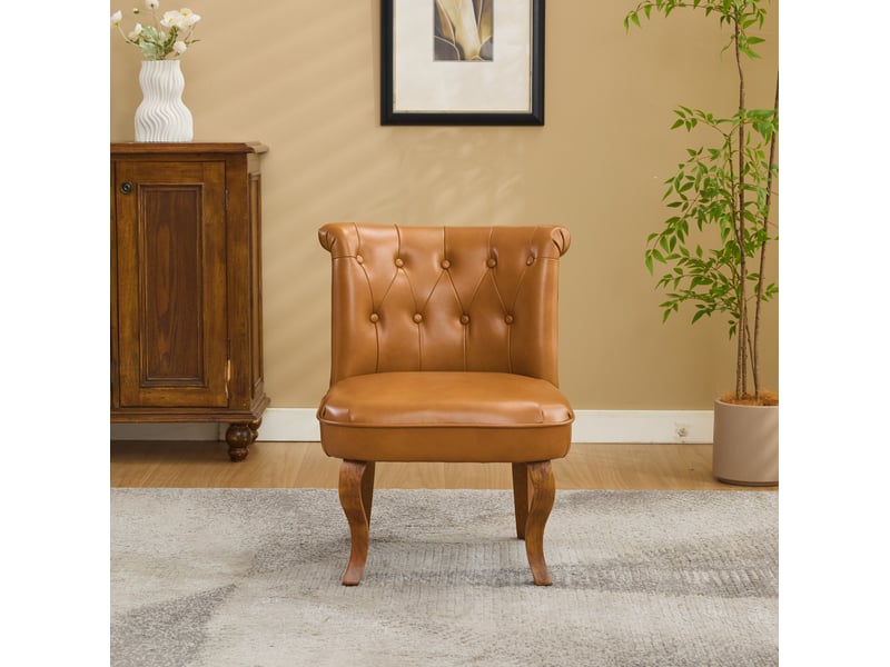  Fauteuil lounge en cuir marron clair avec pieds en bois de caoutchouc  - Conforama C