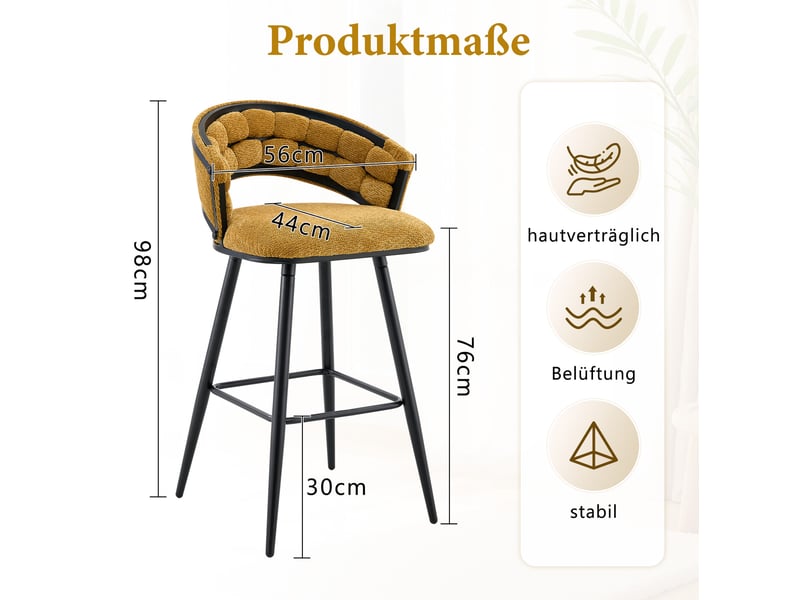  Tabouret de bar en velours avec dossier tressé et repose-pieds, design moderne noir et jaune  - Conforama D