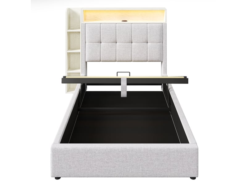  Lit 90x200 cm coffre avec tête rangement et led, lin, beige, sans matelas  - Conforama E