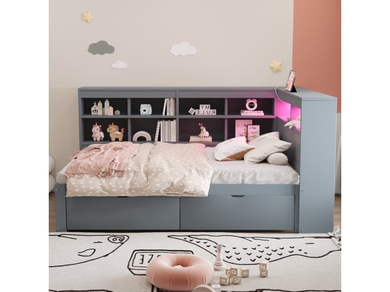  Lit banquette enfant 90 x 200 cm avec led, usb, tiroirs et rangements, bois, gris Fay Lum - Conforama D