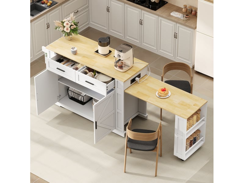  Desserte de cuisine extensible 130-205 x 50 cm, 2 tiroirs, blanc et bois  - Conforama B