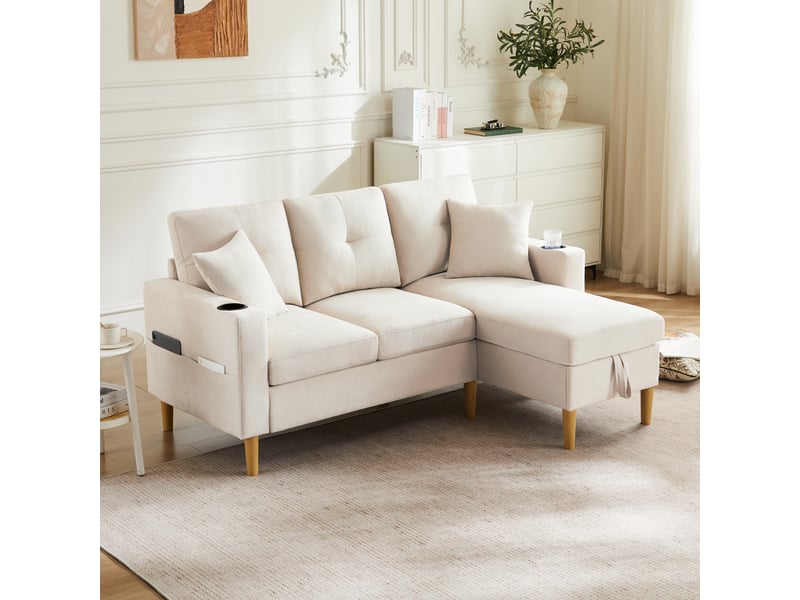  Canapé d’angle réversible 3 places 175x129 cm avec méridienne, coffre de rangement, porte-gobelets, 2 coussins - beige  - Conforama E