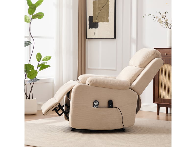 Fauteuil releveur électrique beige, relax massant chauffant, dossier et repose-pieds réglables pour salon - Conforama E