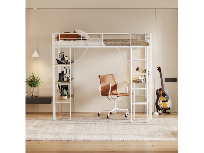  Lit mezzanine 90x200cm, table, sommier en métal, lit simple, 3 étagères rangement, blanc, sans matelas  - Conforama E