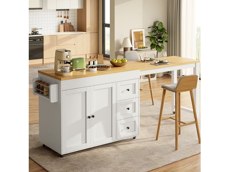 Îlot de cuisine mobile modenvie extensible de 116 à 179,5 cm, plateau additionnel jusqu'à 69,5 cm, 3 tiroirs, placard double porte, roulettes, blanc et noir - Conforama B