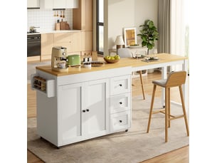 Îlot de cuisine mobile modenvie extensible de 116 à 179,5 cm, plateau additionnel jusqu'à 69,5 cm, 3 tiroirs, placard double porte, roulettes, blanc et noir