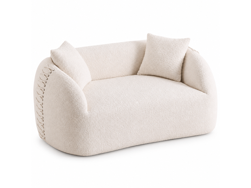  Canapé compressé 2 places 155x90x67 cm sans montage, sans structure, accoudoirs avec lacets, 2 coussins, mousse, tissu chenille blanc crème  - Conforama A