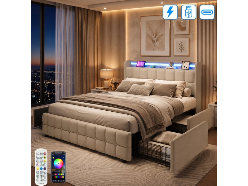  Lit adulte 160x200 avec 4 tiroirs - charge usb et led intégré - lit double avec sommier à lattes  et tête de lit capitonné - lit coffre rembourré avec rangement - cadre de lit - structure de lit ado - 2 personnesplaces - tissu e…  - Conforama C