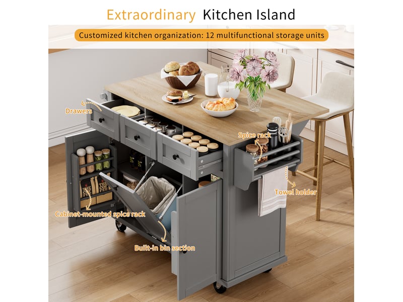  Desserte de cuisine à roulettes avec plan extensible, tiroirs, compartiment à déchets et porte-serviettes, gris  - Conforama E