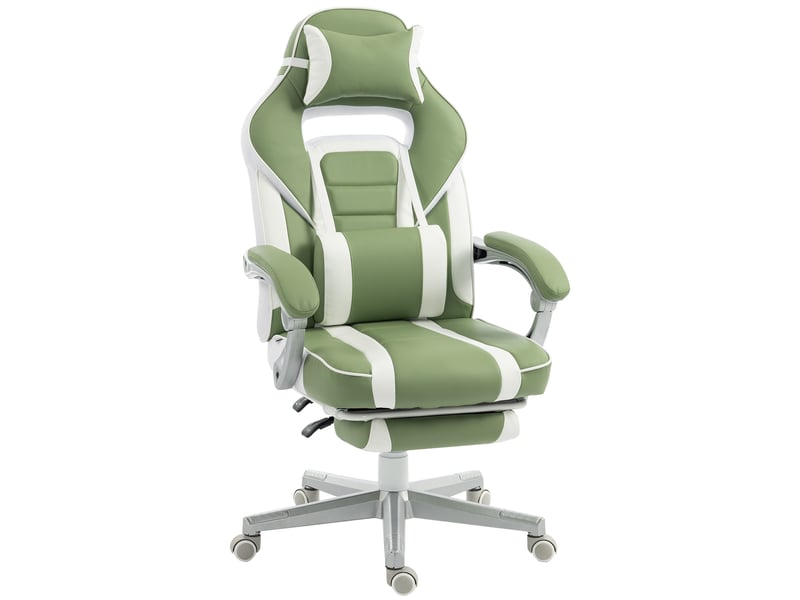  Fauteuil de jeu inclinable avec hauteur réglable, repose-pieds rétractable, soutien lombaire et appui-tête amovible - vert  - Conforama A