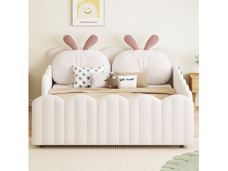  Lit enfant rembourré 140x200 cm beige avec coussins oreilles de lapin  - Conforama D