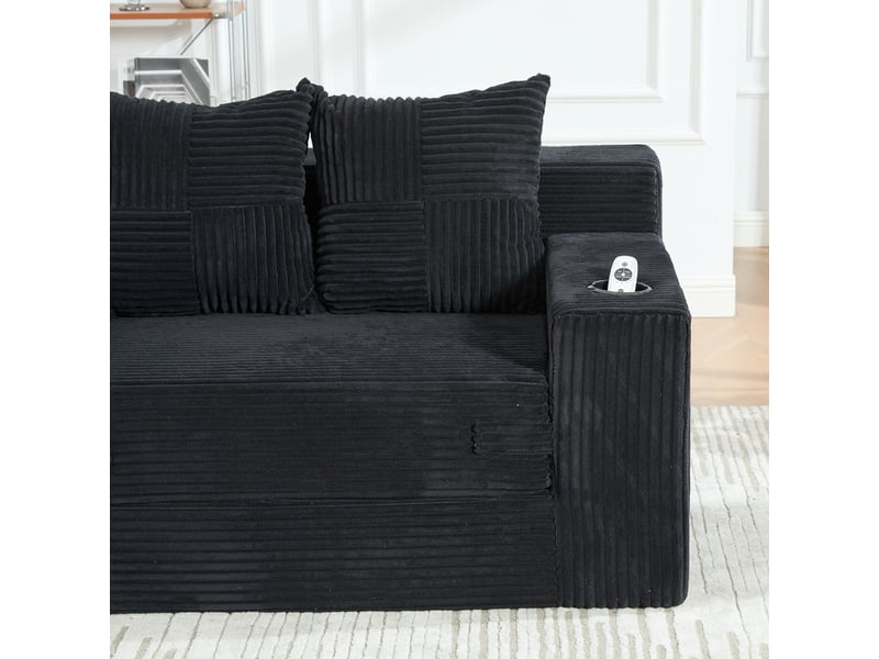  Canapé droit convertible 2 places, en velours côtelé, 2 coussins, porte-gobelet et poches latérales, 151 × 133 × 64 cm, noir YXY-0915-3 - Conforama E