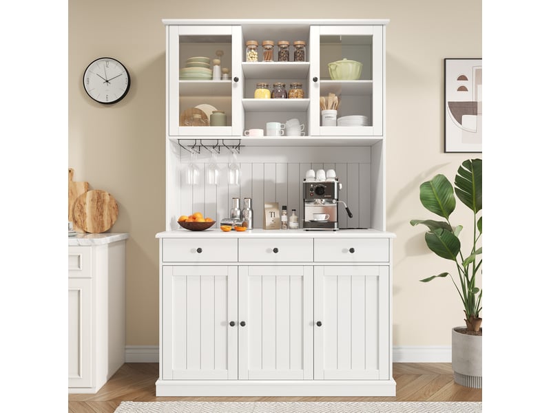 Buffet haut modenvie 120 x 40 x 191 cm avec portes vitrées, porte-verres, prises électriques et ports usb, blanc - Conforama D