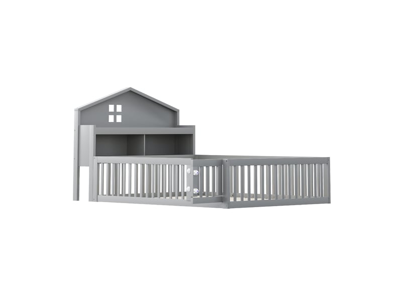  Lit enfant 140x200 cm avec étagère, tableau noir, garde-corps et sommier, forme de maison, bois gris, sans matelas  - Conforama R