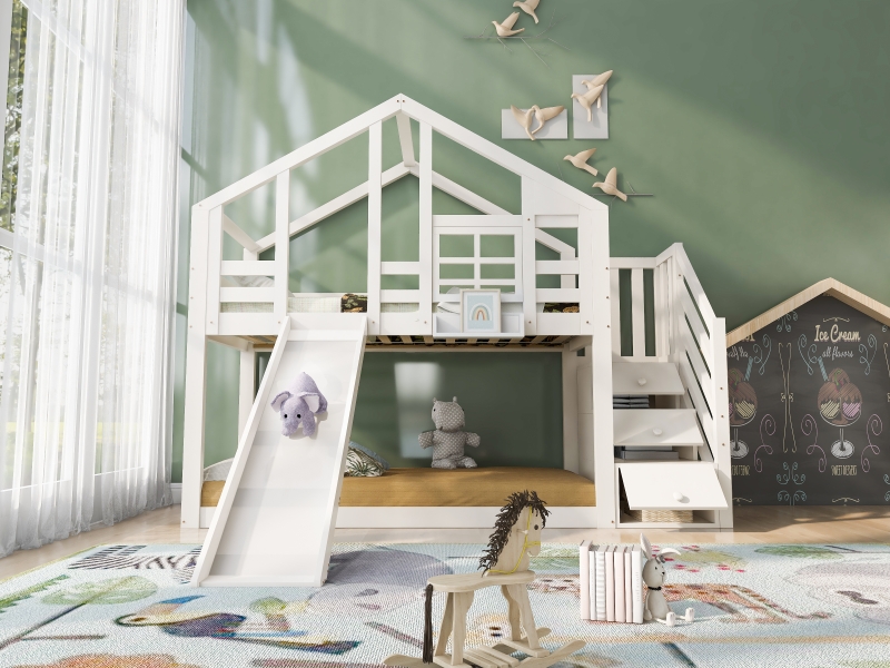  Lit cabane enfant 90x200 cm – lit montessori scandinave avec tiroirs et protection anti-chute, mdf, blanc, sans matelas  - Conforama E