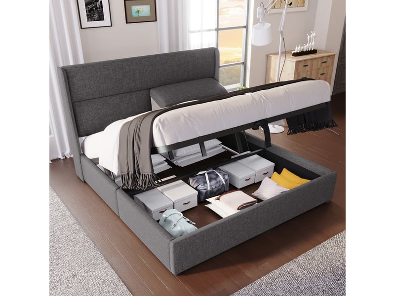  Lit coffre double 160×200 cm, tête de lit réglable et rangement - okmyhome- gris, matelas inclus en lin  - Conforama C