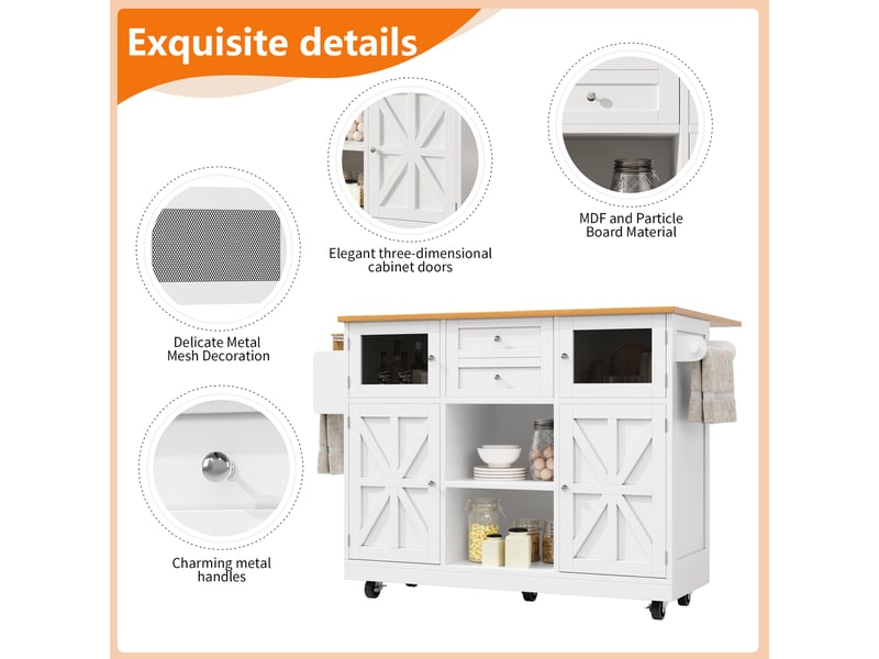 Desserte cuisine, îlot central sur roulettes avec plan de travail, plateau extensible, 2 tiroirs, dimensions 140 x 40 x 93,5 cm, mdf, blanc - Conforama E