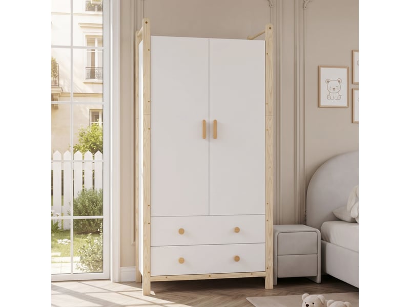  Armoire de chambre - armoire 2 portes avec penderie, 2 tiroirs, avec étagères, 90 x 45 x 180 cm, naturel + blanc  - Conforama E