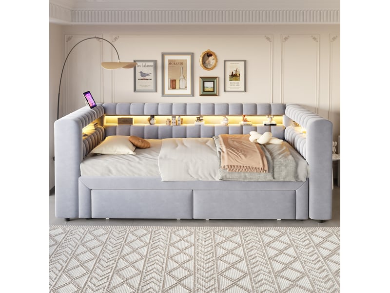  Lit gigogne modenvie 90 x 190 cm extensible 180 x 190 cm avec 2 tiroirs rangements led usb type c velours gris clair  - Conforama D