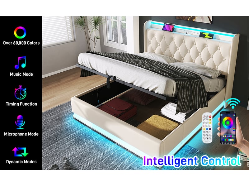  Lit coffre double 140×190 cm led réglable, usb et type-c  - sans matelas, pu - blanc  - Conforama E