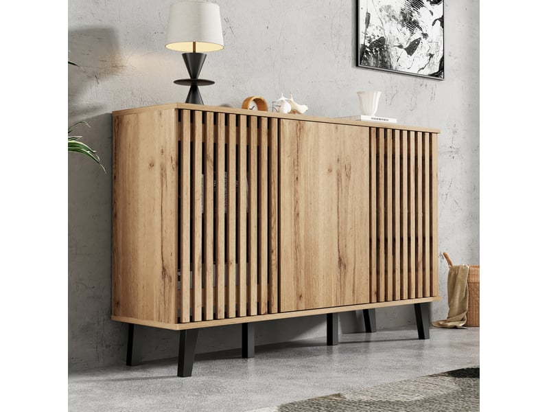  Meuble tv 3 portes en panneaux de particules bois naturel et pieds noirs 150 x 40 x 95 cm  - Conforama D
