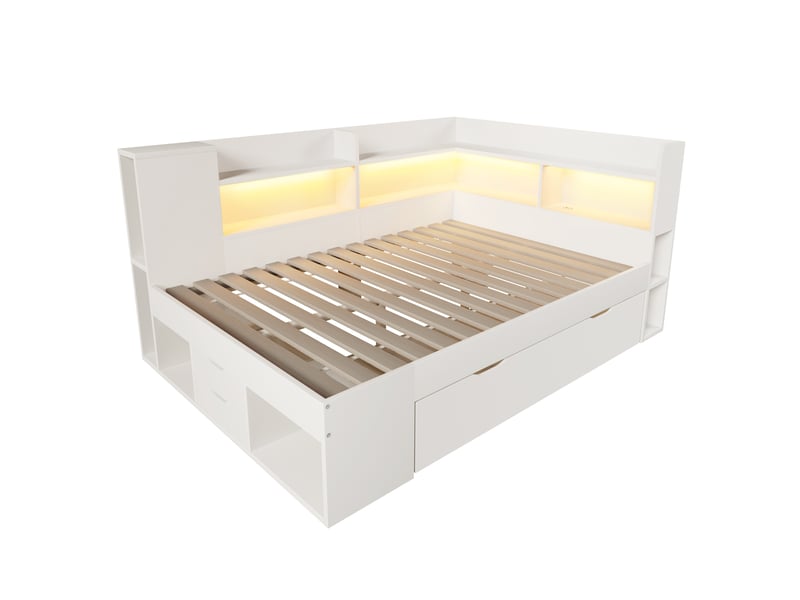  Lit avec rangement 140x200 cm avec tiroirs et sommier à lattes blanc  - Conforama D