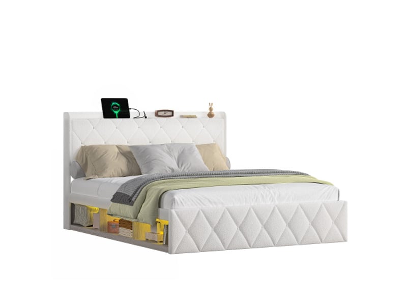 Lit capitonné 160x200 cm, peluche blanche, usb intégré, led latérales, 6 tiroirs - Conforama A