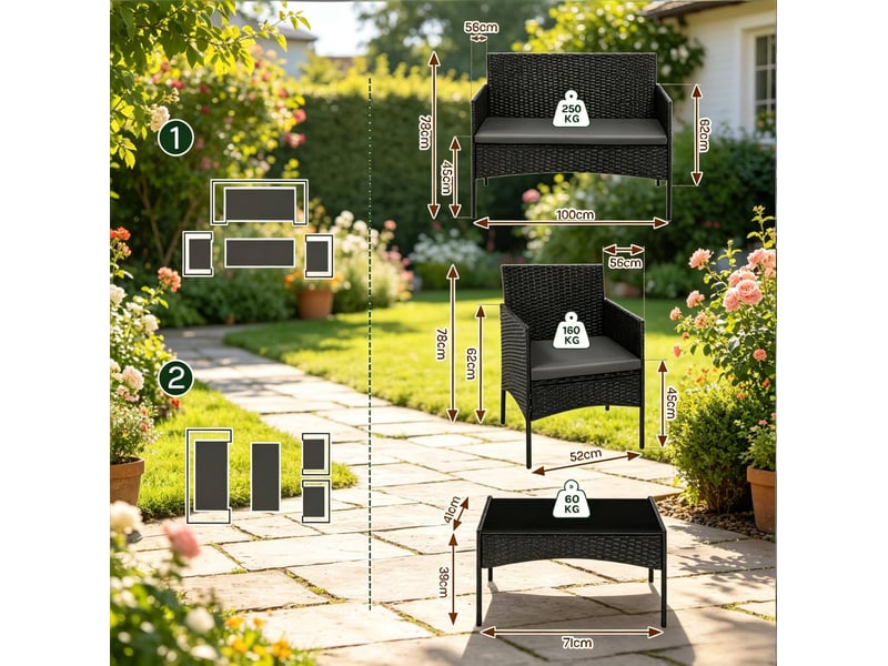 Ensemble de jardin 4 pièces 100x56x78 cm avec table en verre noir - Conforama C