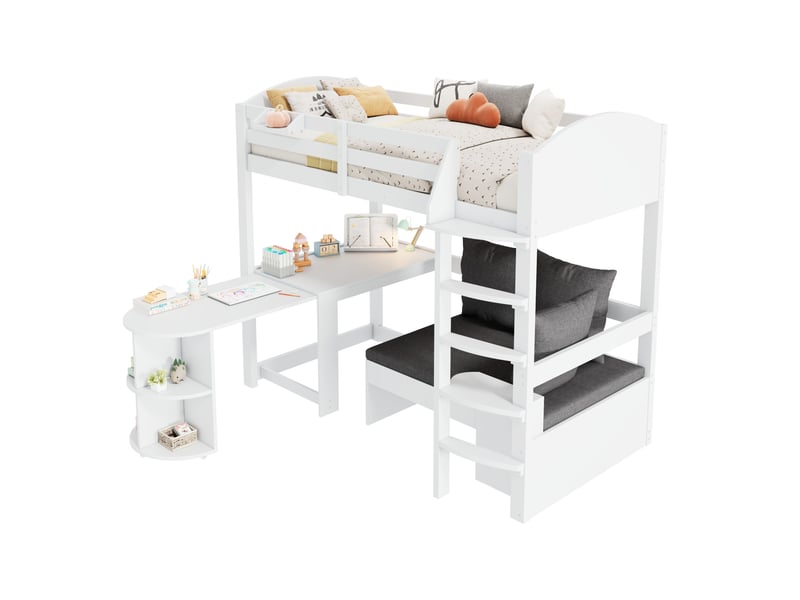  Lit mezzanine enfant 90x200 bois massif blanc avec bureau escamotable canapé et rangement  - Conforama A