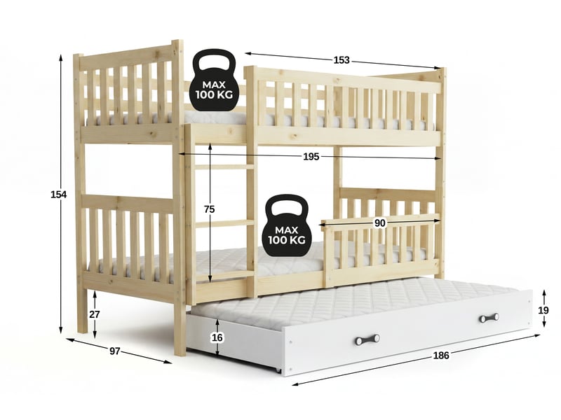  Lit superposé 3 places quba 90x190 cm + lit tiroir 80x180 cm interbeds - bois massif de pin - pin naturel blanc  - Conforama C